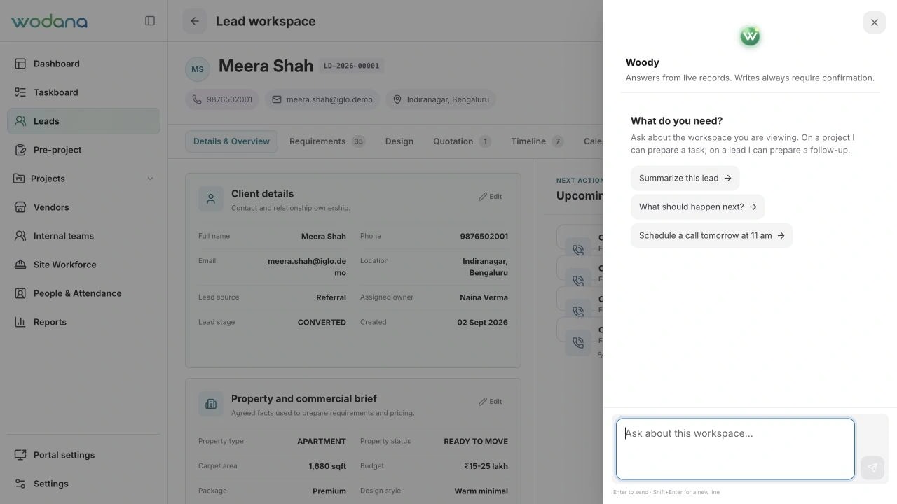 Current Wodana contextual AI assistant offering live-record summaries and next actions